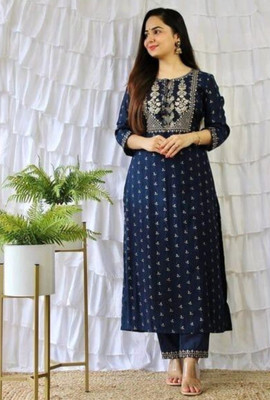 Hukum dyers Women Embroidered A-line Kurta(Dark Blue)