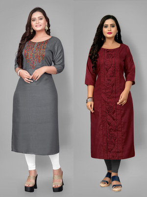 Fabriza Women Embroidered A-line Kurta(Grey, Maroon)