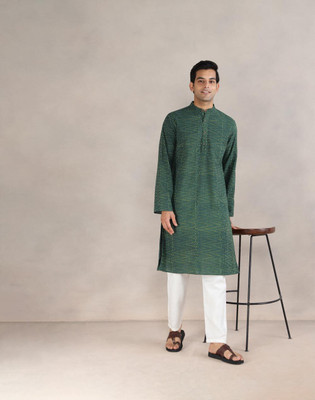 Fabindia Men Printed Straight Kurta(Green)