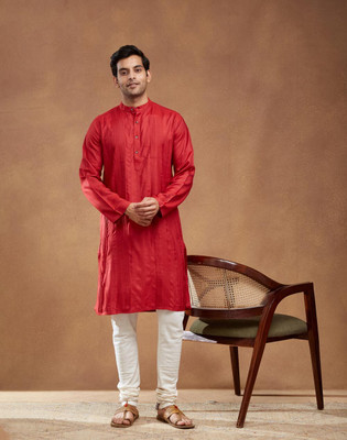 Fabindia Men Striped Straight Kurta(Red)