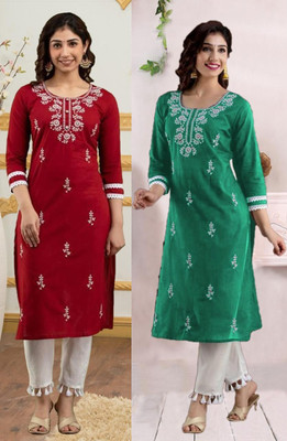 vikshi Women Chikan Embroidery Straight Kurta(Multicolor)