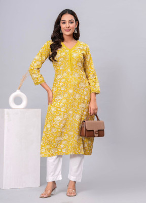 GAMLA COL FASHION Women Floral Print A-line Kurta(Yellow)