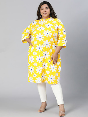 CLOCHOICE Women Floral Print A-line Kurta(Yellow, White, Dark Blue)