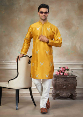 Outluk Men Embroidered Straight Kurta(Yellow)