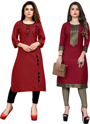 Maaa Meladi CreationS Women Embroidered Straight Kurta(Red, Maroon)