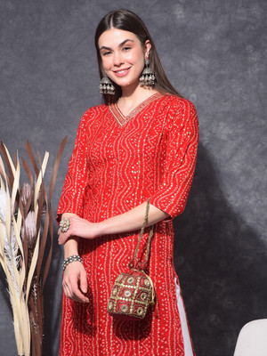 Mamoose Women Striped Ethnic Dress Kurta(Red)