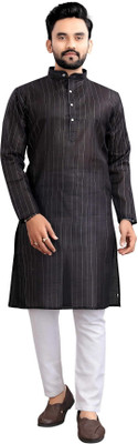 Kunj Creation Men Striped Straight Kurta(Black)