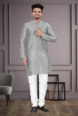 FABWAX Men Self Design Straight Kurta(Grey)