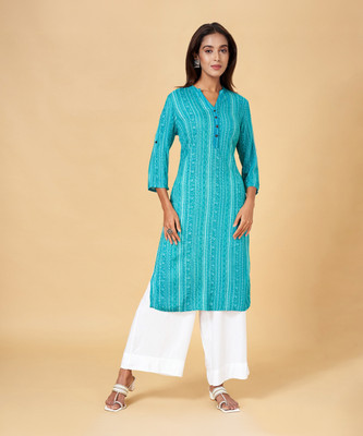 Rangmanch by Pantaloons Women Printed Straight Kurta(Light Blue, White)