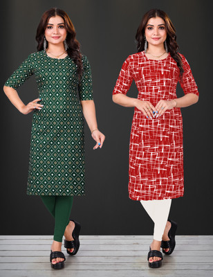 KASASKA Women Printed Straight Kurta(Red)