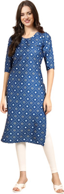 KAUTAQI Women Printed Straight Kurta(Blue)