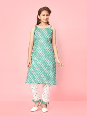 Aarika Girls Printed Straight Kurta(Light Green, White)