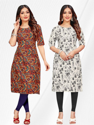 Nitya Trendz Women Printed Straight Kurta(Brown, White)