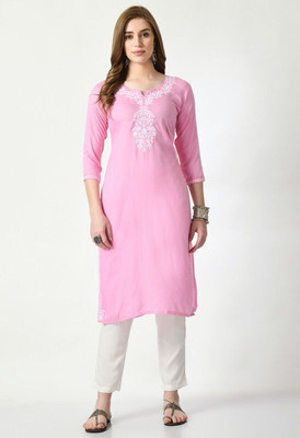 Rudraaksha Chikankari Women Embroidered Straight Kurta(Pink)