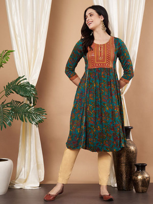 ANOUK Women Printed Anarkali Kurta(Green)