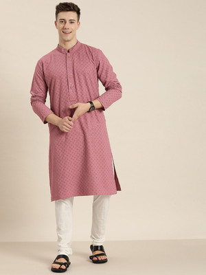 HERE&NOW Men Chikan Embroidery Ethnic Dress Kurta(Pink)