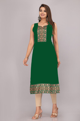 DKM Women Printed Straight Kurta(Green)