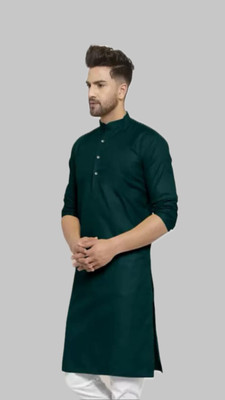 HouseOfCommon Men Solid A-line Kurta(Dark Green)