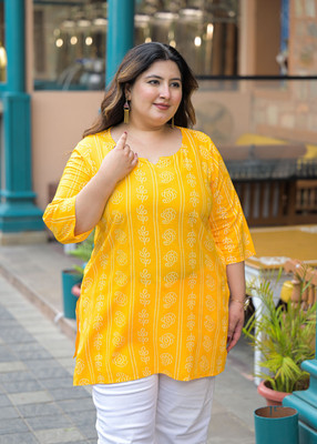 Lee Moda Women Printed Straight Kurta(Yellow)