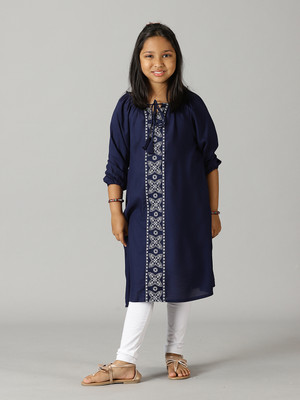 KiddoPanti Girls Embroidered A-line Kurta(Dark Blue)