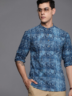 Indo Era Men Block Print Straight Kurta(Blue)