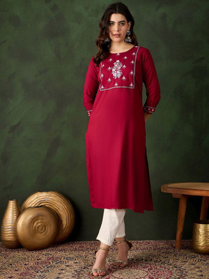 Sangria Women Embroidered Straight Kurta(Red)