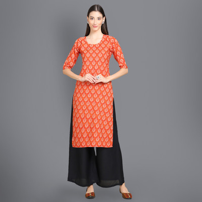 1 Stop Fashion Women Printed Straight Kurta(Orange)