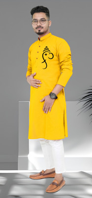 Biswas Fab Men Printed Straight Kurta(Yellow)