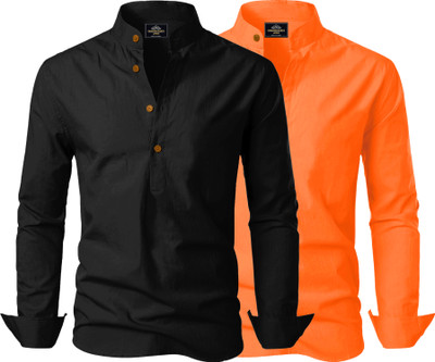 Kavyangle Creation Men Solid Straight Kurta(Black, Orange)