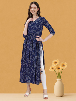 TextileNow Women Bandhani Flared Kurta(Dark Blue)