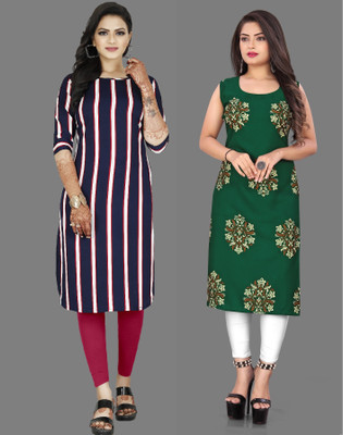 maruti fab Women Striped A-line Kurta(Green, Purple)