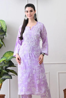 TRENDINAARI Women Embroidered, Floral Print Straight Kurta(Purple, White)