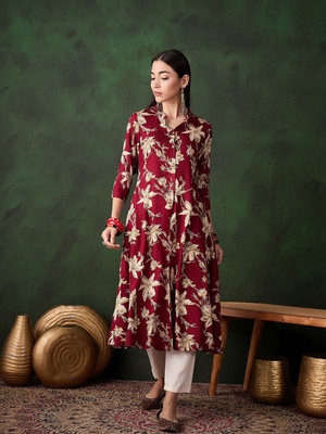 Sangria Women Printed Straight Kurta(Maroon)