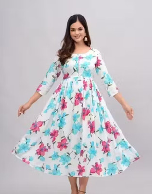 SELKET Women Floral Print Gown Kurta(White)