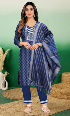 SFCallections Women Embroidered A-line Kurta(Dark Blue)