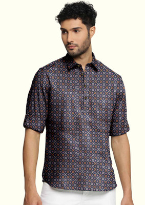 FTX Men Printed Straight Kurta(Grey, Blue)