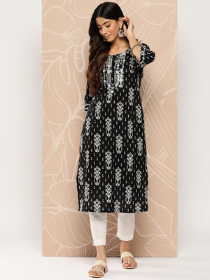 Jixpox Women Abstract, Embroidered A-line Kurta(Black)