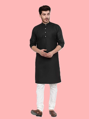 StoneHeart Men Solid Straight Kurta(Black)