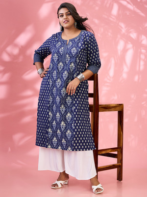 Globus Women Printed Straight Kurta(Blue)