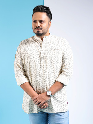 Hardsoda Men Floral Print Straight Kurta(Beige)