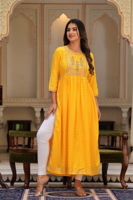 Laxmi Fab Tex Women Embroidered Flared Kurta(Yellow)