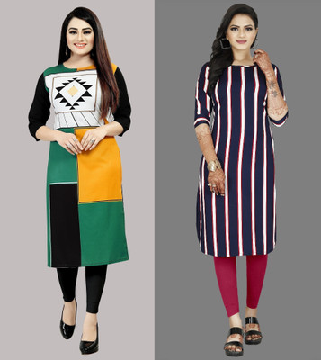 tanvi creation Women Striped Straight Kurta(Purple, Orange, White)