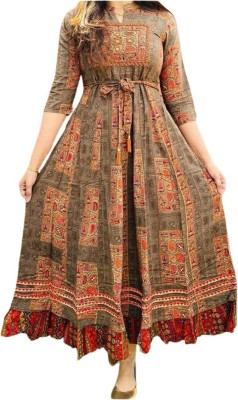 Sj Creations Women Embroidered Anarkali Kurta(Orange, Brown)