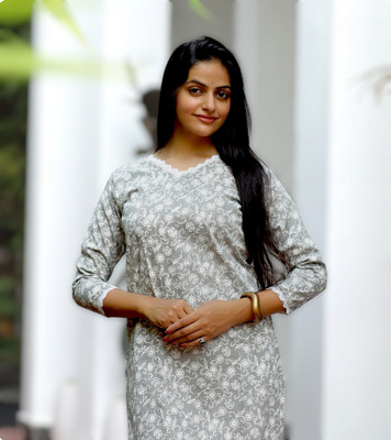 HouseOfCommon Women Embroidered Ethnic Dress Kurta(Grey, White)