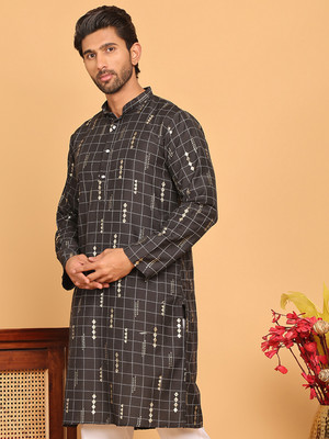 Jompers Men Printed Straight Kurta(Black)