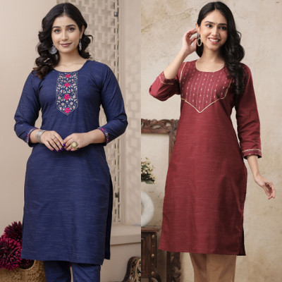 AUZAAI COLLECTION Women Embroidered Straight Kurta(Maroon, Purple)