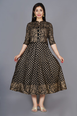 HouseOfCommon Women Printed Anarkali Kurta(Black)