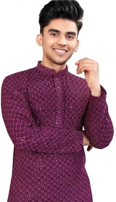 TRUST OUS Men Embroidered Straight Kurta(Purple)