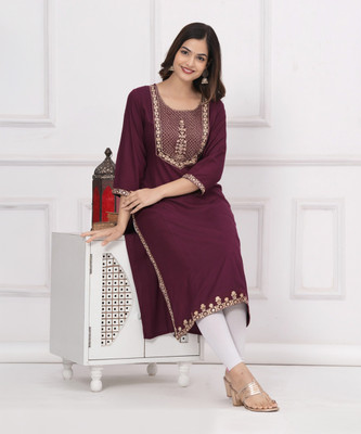 his&her Women Embroidered, Embellished Straight Kurta(Red)