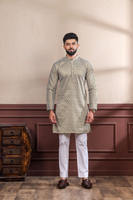 Koshin Men Embroidered Straight Kurta(Beige)